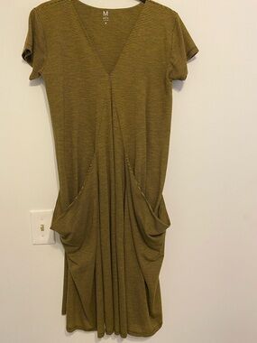 MattHildur Women’s Dark gold and Black Striped V-Neck Dress with Pockets - M